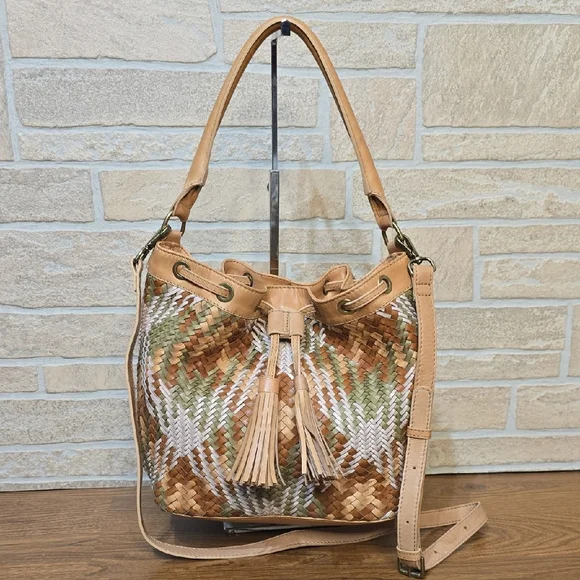 Genuine Leather Woven Bucket Bag Boho Tassel Drawstring Convertible Crossbody - Picture 1 of 12